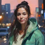 Illustration von Lara: hochgebundenes dunkles Haar, mintgrüne Kapuzenjacke, feines Lächeln