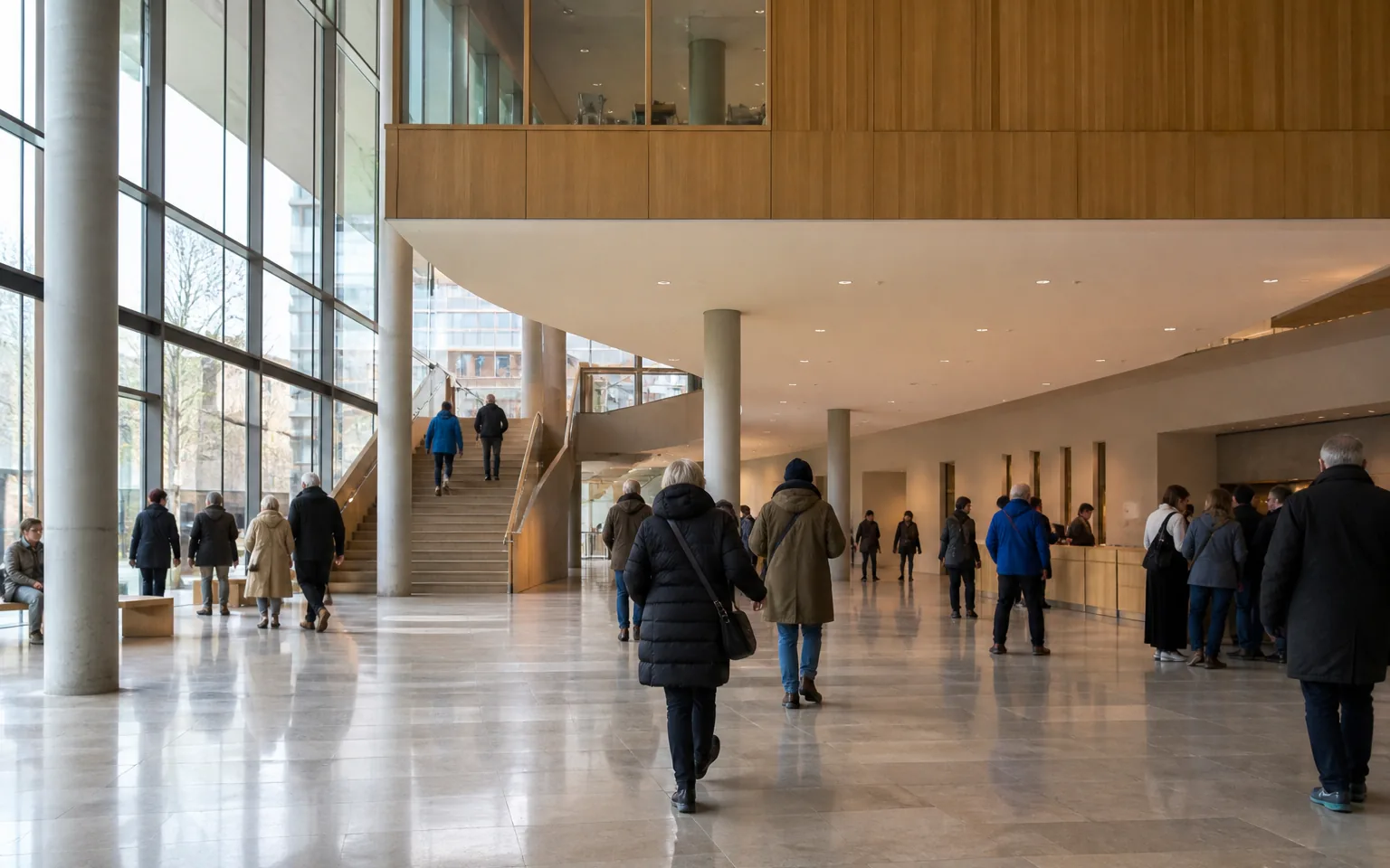 Besucherinnen und Besucher im Foyer eines Münchner Kulturhauses ohne erkennbare Ausstellungstitel