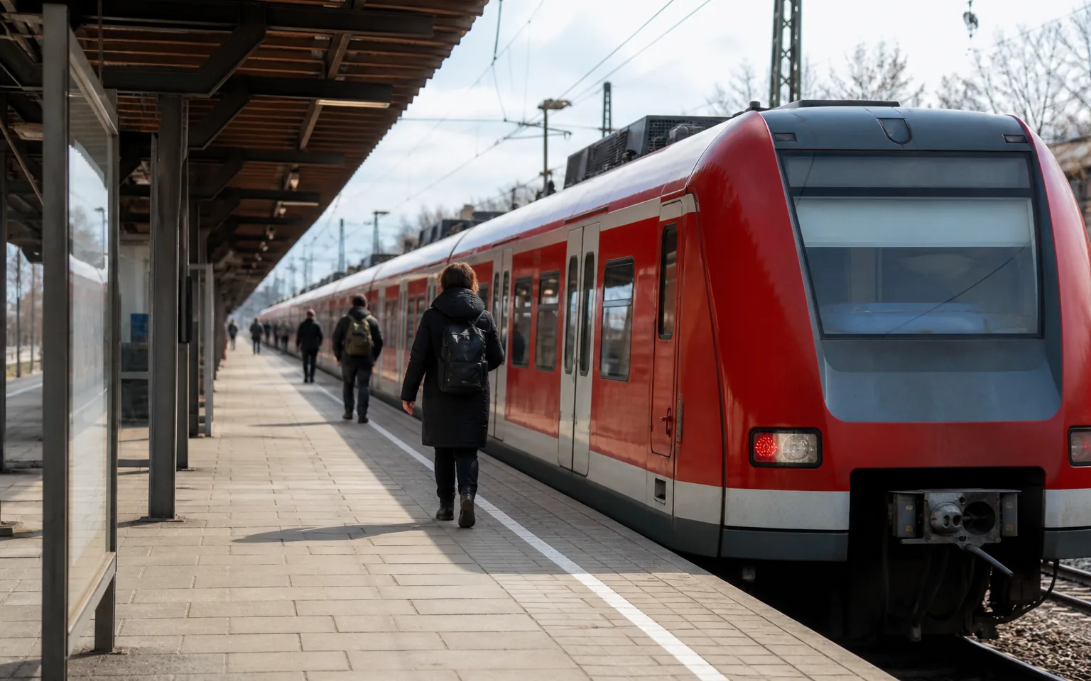 Münchner S-Bahn am Bahnsteig mit wartenden Fahrgästen und Anzeigetafel ohne lesbare Echtzeitdaten