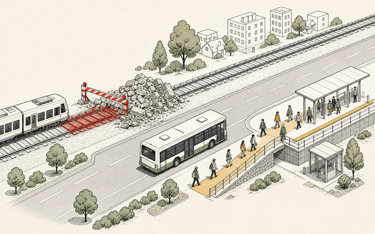 Schematischer Ablauf von S-Bahn-Sperrung über Ersatzverkehr bis zum Umstieg