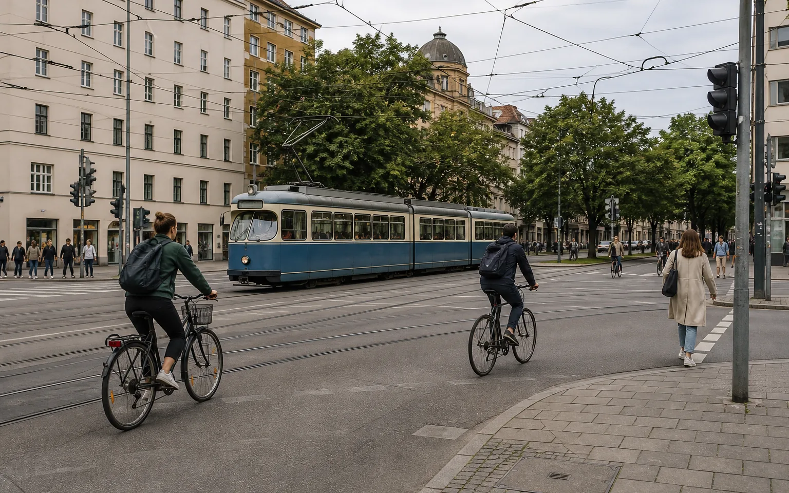 Tram, Fahrräder und Fußgängerinnen und Fußgänger an einer Münchner Kreuzung bei Tageslicht