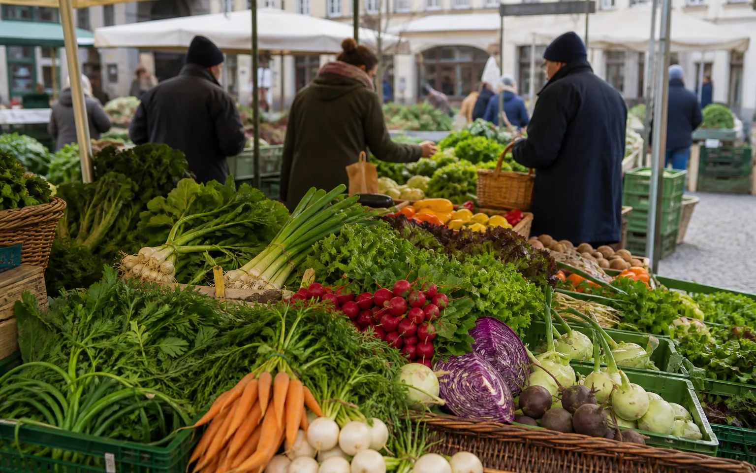Wochenmarktstand in München mit Gemüse und Kundschaft bei Tageslicht