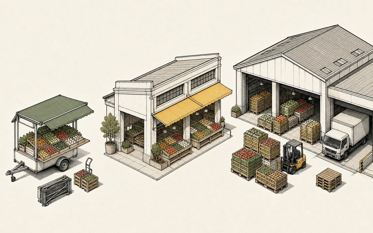 Schematische Gegenüberstellung von Wochenmarkt, ständigem Markt und Großmarkt ohne Text