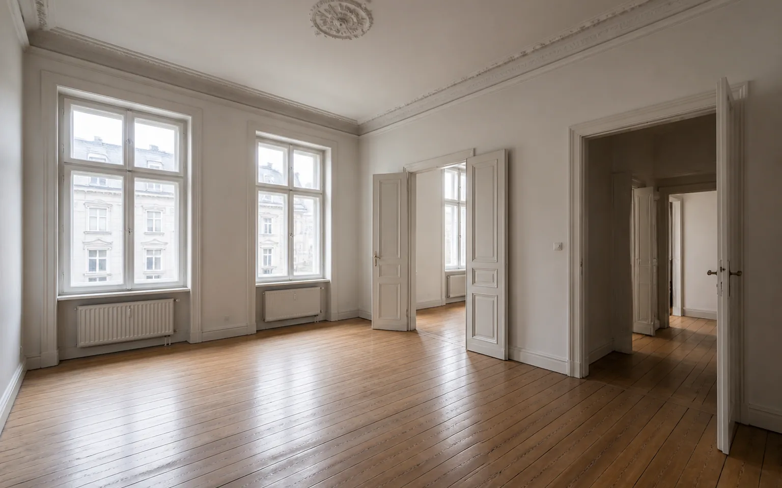 Heller leerer Altbau-Raum bei einer Wohnungsbesichtigung in München ohne sichtbare Adresse