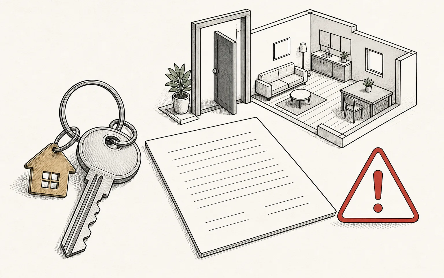 Schematische Warnzeichen bei einer Wohnungsanzeige mit Schlüssel und Vertrag ohne Text